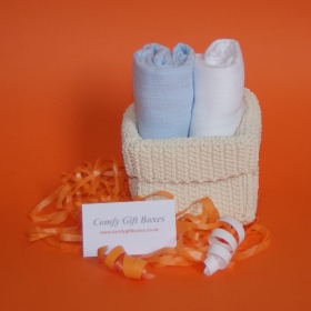 Baby boy muslin gift baskets, small new baby boy gifts online, baby gift baskets, baby presents UK, small baby boy congratulations gifts, mini presents for babies, small new born baby gifts delivered