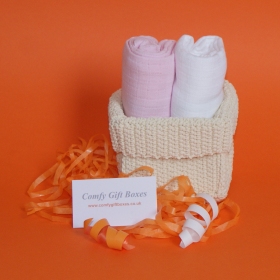 Baby girl muslin gift baskets, small new baby girl gifts, gift baskets UK, presents for new babies online, small baby girl congratulations gifts, mini presents for baby, small new born baby gifts delivered