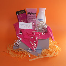 Pamper gifts for women, Birthday gift ideas for her, raspberry body scrub, organic chocolate and body lotion pamper gifts