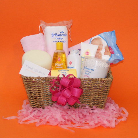 New baby gift baskets UK, baby girl gift basket, gift baskets for new babies delivered, new baby congratulations gifts, gift ideas for new baby baskets, baby girl gift hampers, Johnsons baby gift baskets