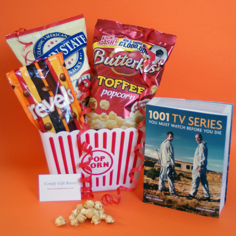 Gifts for him ideas UK, TV & popcorn gifts, film night gift ideas for boys, television fan gifts UK, movie night gifts UK